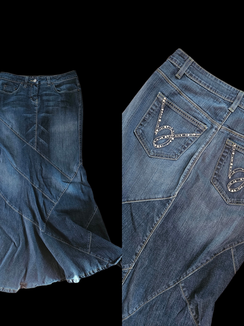 Womens Dark Blue Embellished Pocket Denim Maxi Skirt